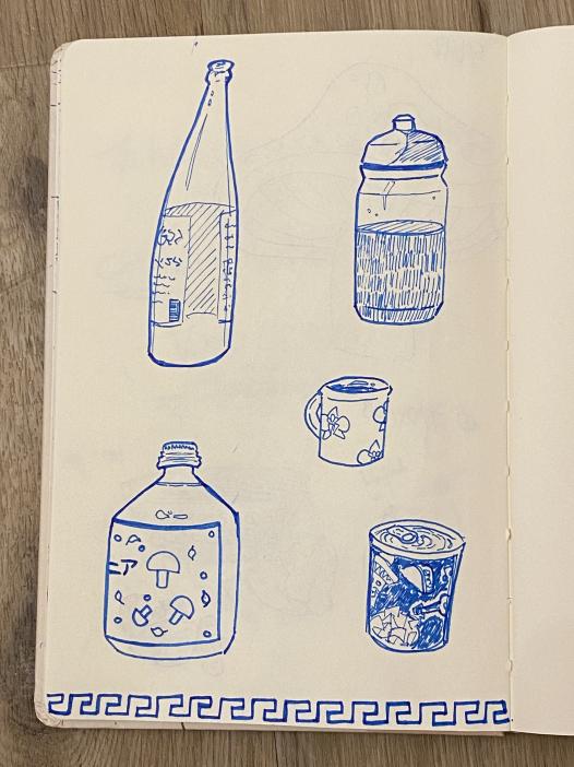 still life ink sketch of bottles